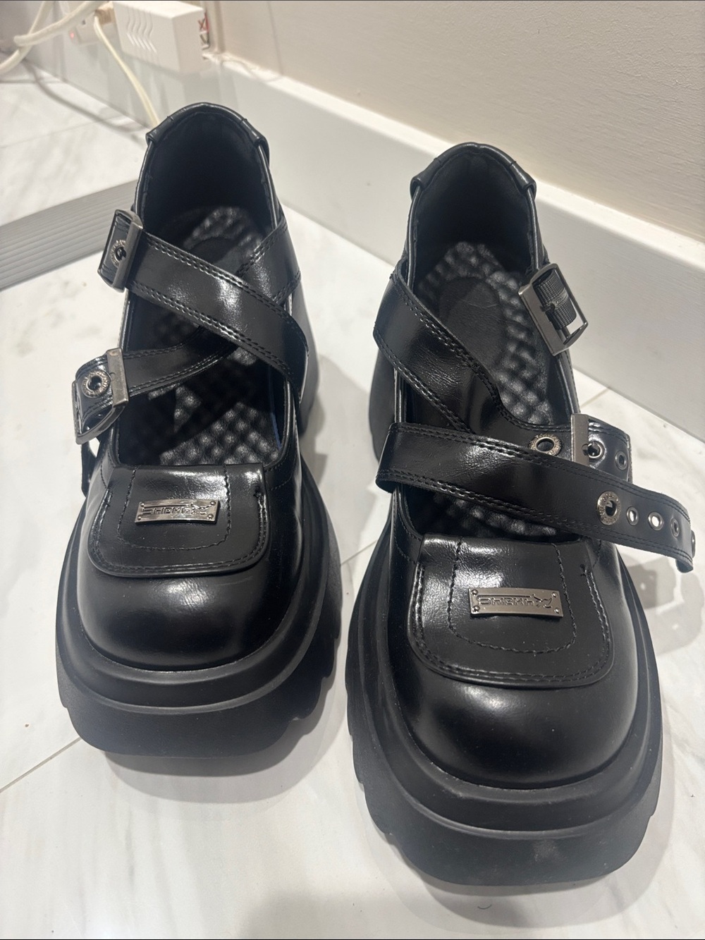 SHEIN Black Chunky Platform Mary Jane Clog Mules with Buckle Straps